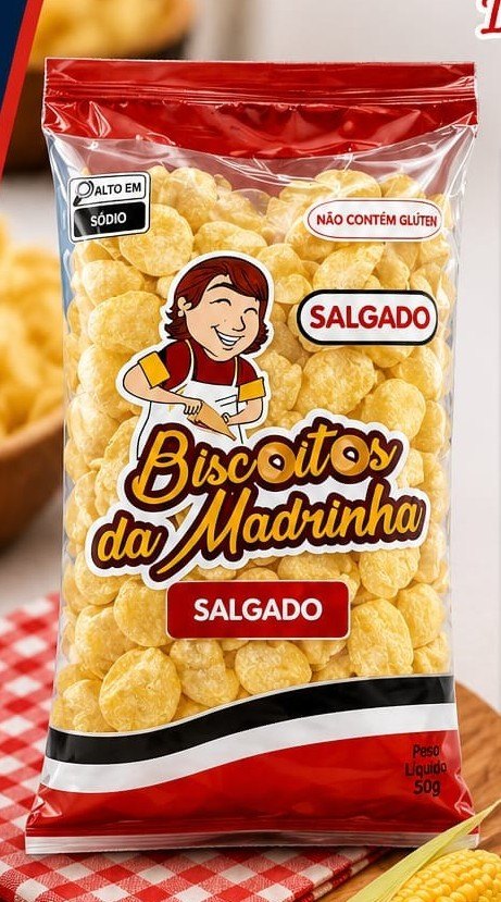 Pacote de Flocos de Milho Concha 50g — salgadinho de milho sem glúten da Biscoitos da Madrinha, Goiânia-GO
